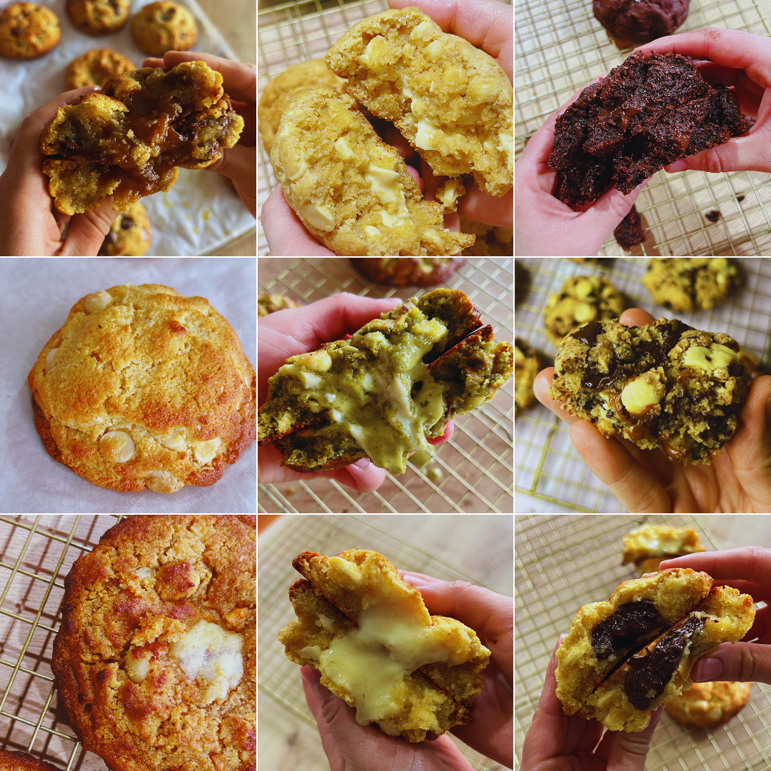 Collage con nueve galletas saludables y keto partidas a mano, mostrando sus rellenos e interiores
