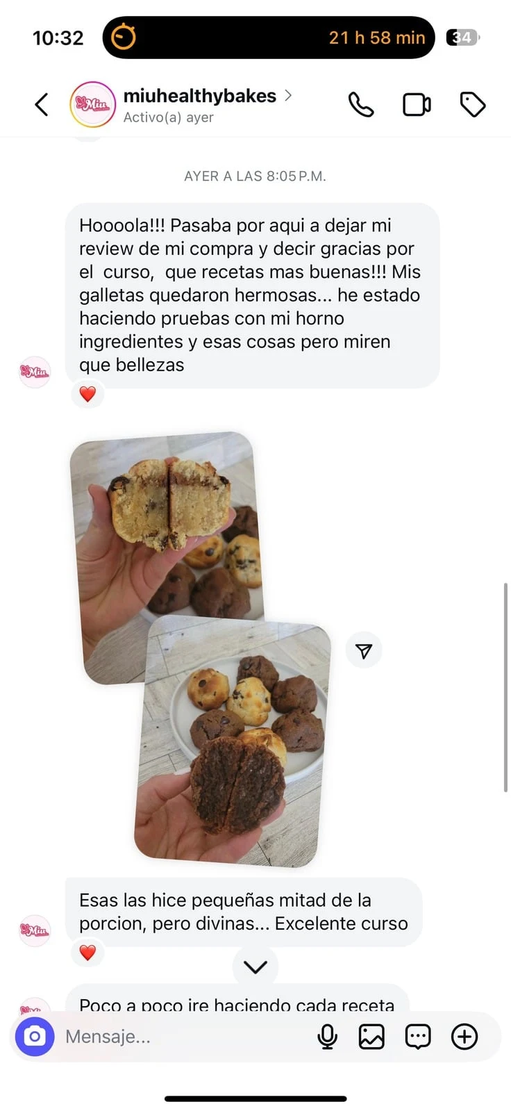 Mensaje y resultado real de una alumna del curso de galletas saludables y keto (2 de 11)