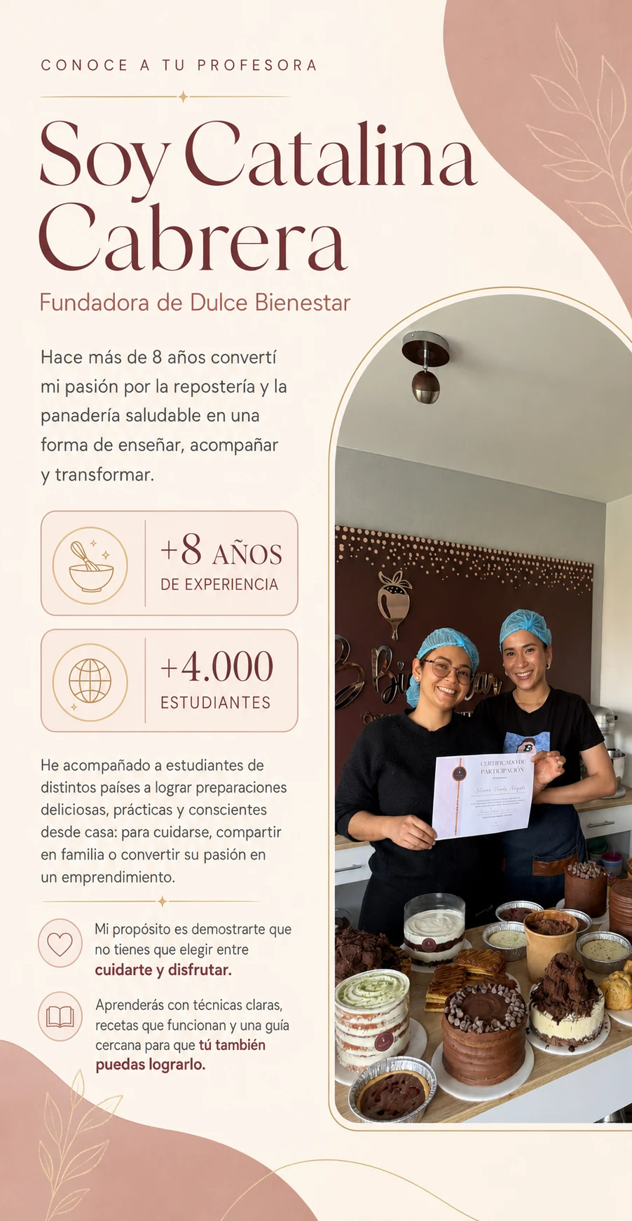 Catalina Cabrera, fundadora de Dulce Bienestar, con más de 8 años de experiencia y más de 4.000 estudiantes